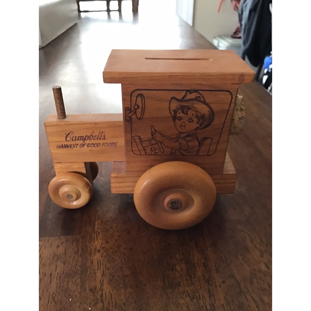 Vintage Campbell Soup Wooden Tractor Coin Bank Harvest of Good Foods Advertising